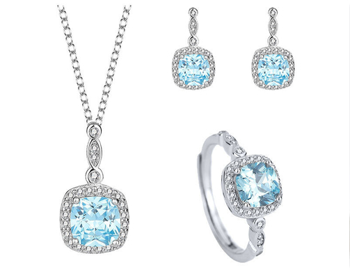S925 Sterling Silver Ocean Heart Blue Gem European and American Fashion Jewelry Set